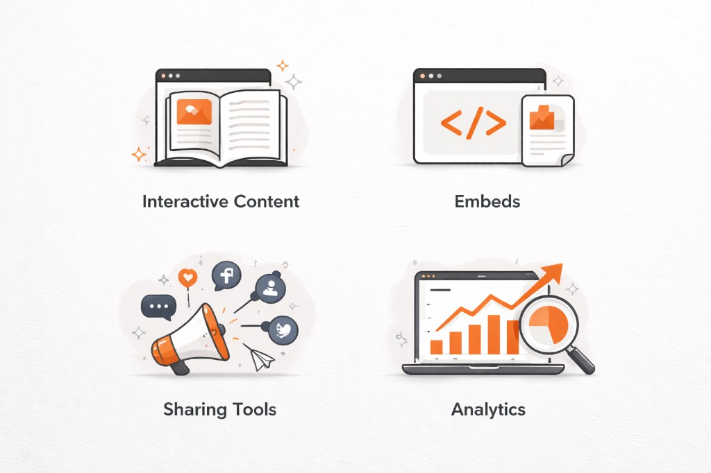 Feature illustrations: interactive reading, embeds, sharing, and analytics