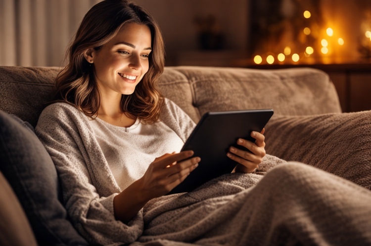 Reader enjoying magazines on a tablet in a warm, relaxed setting