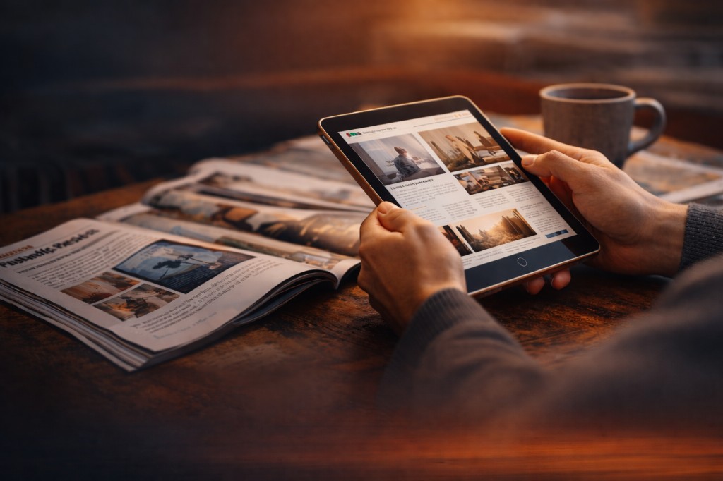 Tablet showing digital magazines beside a print magazine and coffee